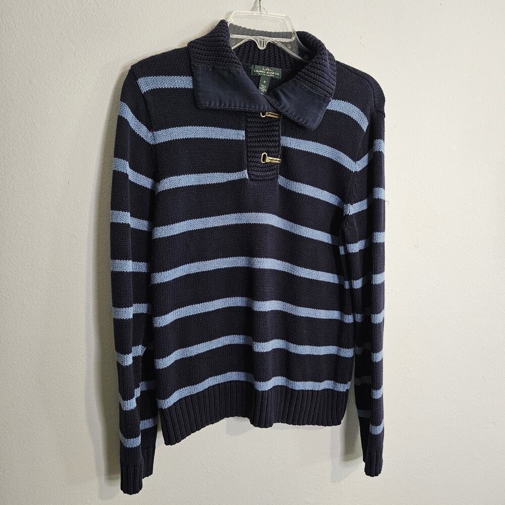 Lauren Jeans Co LRL Sweater Cotton Pullover Womens Medium Toggle Blue Stripe LN